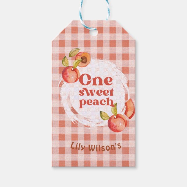 1 Sweet Peach 1. Geburtstag Rustic Gingham Geschenkanhänger (Vorderseite)