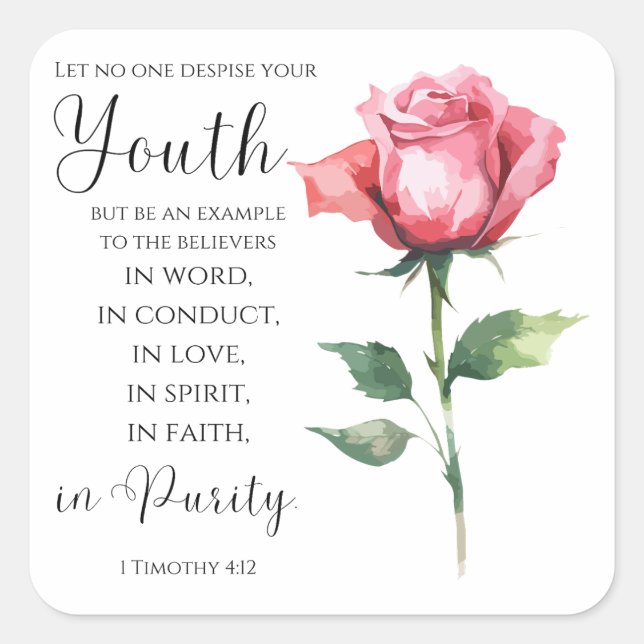 1 Timothy 4:12 - Blume Jugendbibelverse Quadratischer Aufkleber (Vorderseite)