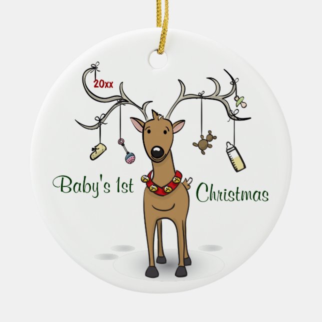 1. Verzierung des Babys Weihnachts- Ren-Foto Keramikornament (Vorne)