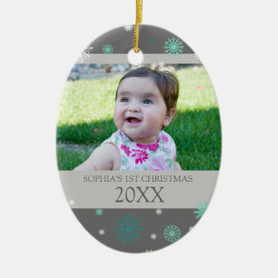 1. Verzierung des grauen Aqua-Schnee-Foto-Babys Keramikornament