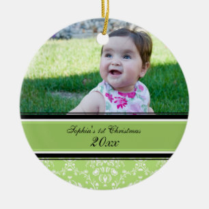 1. Verzierung des grünen Damast-Foto-Babys Keramikornament