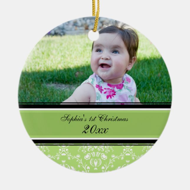 1. Verzierung des grünen Damast-Foto-Babys Keramikornament (Vorne)