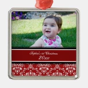 1. Verzierung des roten Damast-Foto-Babys Ornament Aus Metall