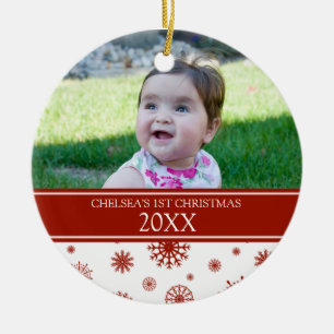 1. Verzierung des roten weißen Schnee-Foto-Babys Keramikornament