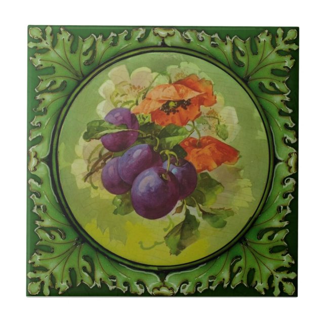 1 von 2 handbemalten Blumenfrucht Godwin c1900 Rep Fliese (Vorderseite)