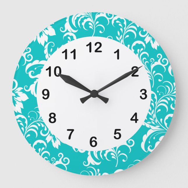 1 Wand-Uhr-aquamariner blauer weißer Damast mit Große Wanduhr (Vorderseite)