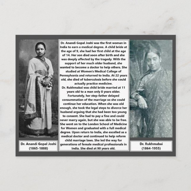 1. weibliche Ärzte Indien Rukmabai Anandi Joshi Postkarte (Vorderseite)