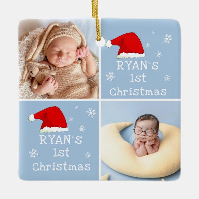 1. Weihnachten 2 Fotos Weihnachtsmannmütze Snowfla Keramikornament (Vorderseite)