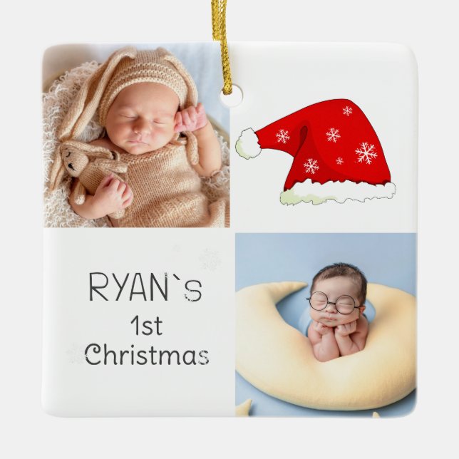 1. Weihnachten 2 Fotos Weihnachtsmannmütze Snowfla Keramikornament (Vorderseite)