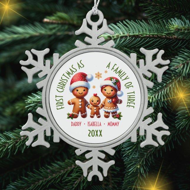1. Weihnachten als Familie von 3 Lebkuchen Familie Schneeflocken Zinn-Ornament (Von Creator hochgeladen)