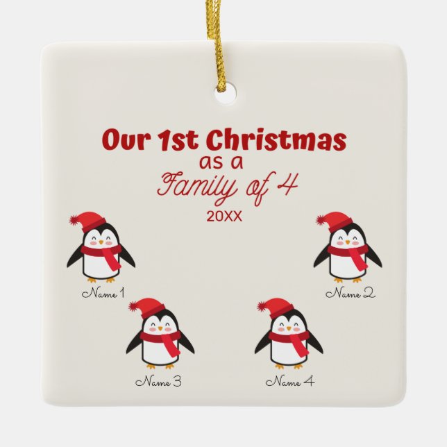 1. Weihnachten als Familie von 4 Pinguin-Ornament Keramikornament (Vorderseite)