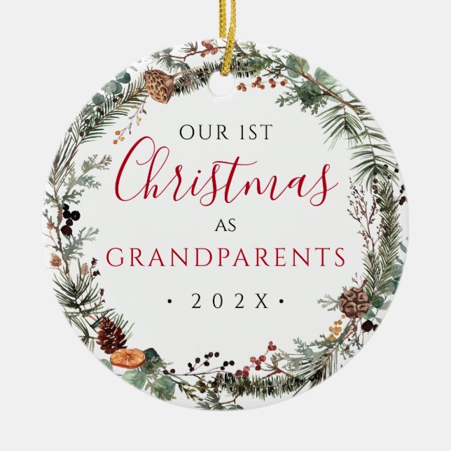 1. Weihnachten als Großeltern Blumenkranz-Foto Keramik Ornament (Vorne)