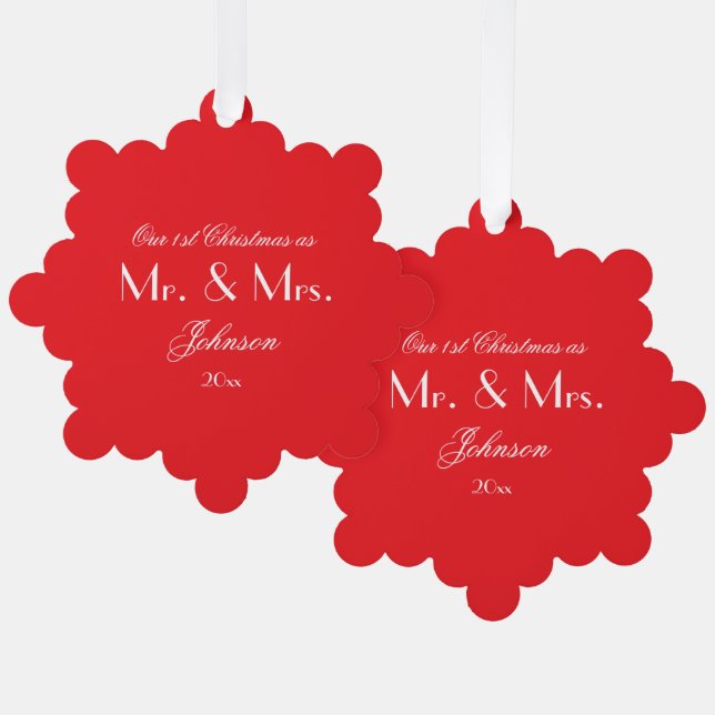 1. Weihnachten als Mr. & Mrs. Script Rustic Chic R Ornament Karte (Vorderseite/Rückseite)