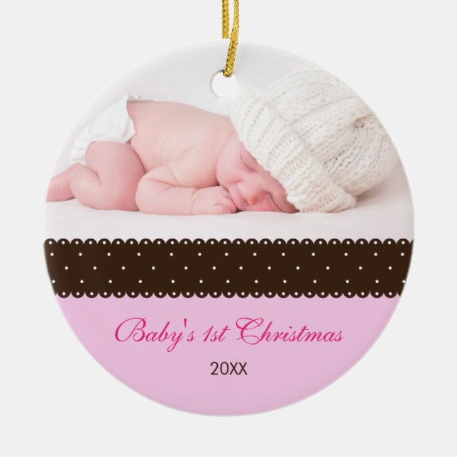 1. Weihnachten des Babys - Band (pink) Keramikornament (Vorne)