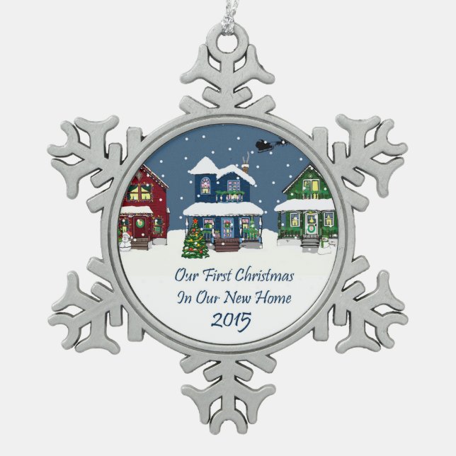 1. Weihnachten des neuen Zuhause-2015 Schneeflocken Zinn-Ornament (Vorderseite)