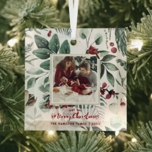 1. Weihnachten Familie 2-Foto Wasserfarbe Stechpal Ornament Aus Glas
