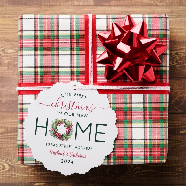 1. Weihnachten in unserem neuen Zuhause-Grünkranz Ornament Karte (Insitu (Geschenk))