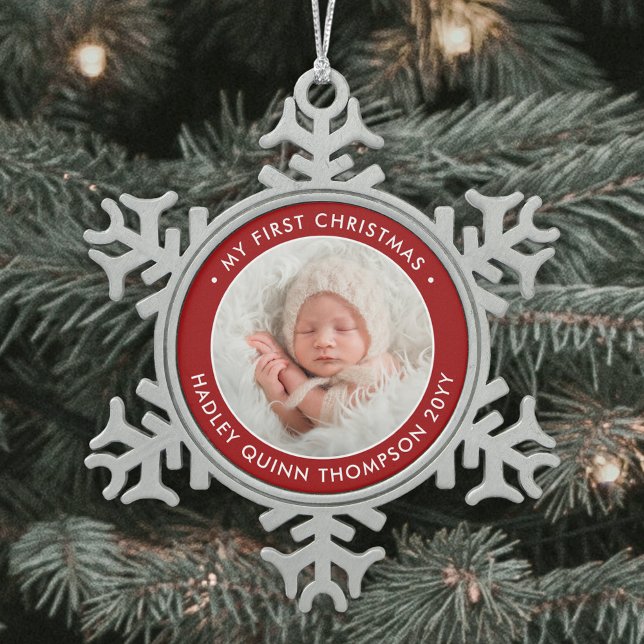 1. Weihnachten Modernes Foto Rot und Weiß Schneeflocken Zinn-Ornament (Von Creator hochgeladen)