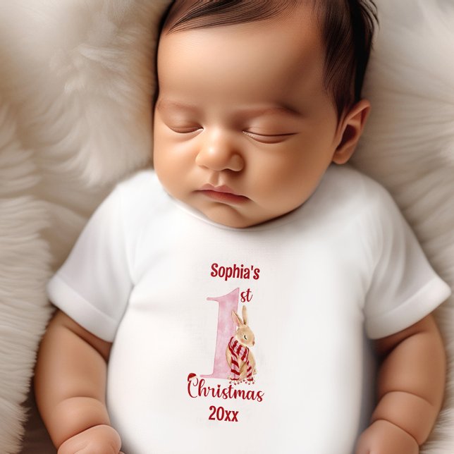1. Weihnachten Niedlich Bunny Pink Roter Name Girl Baby T-shirt (1st Christmas Cute Bunny Pink Red Girl Baby T-Shirt)