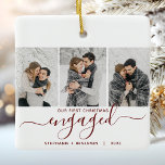 1. Weihnachten Verlobt 3 Foto Burgundy Red Script Keramikornament<br><div class="desc">Gedenken Sie Ihre Verlobung mit diesem schönen modernen Sakraldekor. Der bordeauxrote Text lautet "Unser erstes Weihnachtsfest verlobt", mit dem Wort "verlobt" in eleganter Handschrift mit Schnörkeln vor und nach. Ersetzen Sie die drei Beispielbilder durch Ihre bevorzugten vertikalen Fotos, und fügen Sie Ihre Namen und das Jahr in bordeauxfarbenem Text auf...</div>