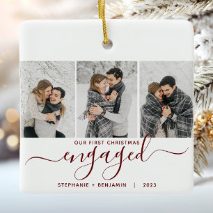 1. Weihnachten Verlobt 3 Foto Burgundy Red Script Keramikornament