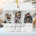 1. Weihnachten Verlobt 3 Foto Grüne Schrift Keramikornament<br><div class="desc">Gedenken Sie Ihre Verlobung mit diesem schönen modernen Sakraldekor. Der dunkelgrüne Text lautet "Unser erstes Weihnachten verlobt", mit dem Wort "verlobt" in eleganter Handschrift mit Schnörkeln vor und nach. Ersetzen Sie die drei Beispielbilder durch Ihre bevorzugten vertikalen Fotos, und fügen Sie Ihre Namen und das Jahr in dunkelgrünem Text auf...</div>