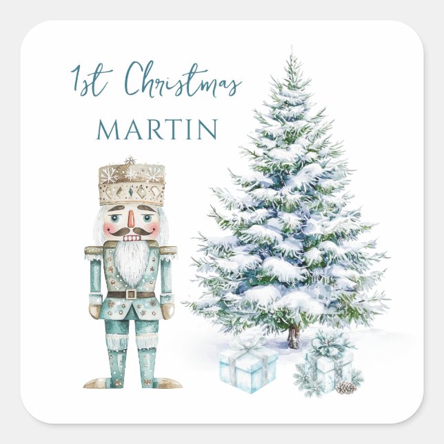1. Weihnachts Blue Nutcracker Snowy Tree Quadratischer Aufkleber (Vorderseite)