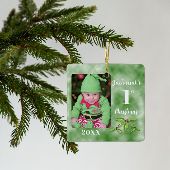 1. Weihnachts-Ein-Foto-Platz für Baby Keramikornament (Baby's 1st Christmas One Photo Square Ceramic Ornament)