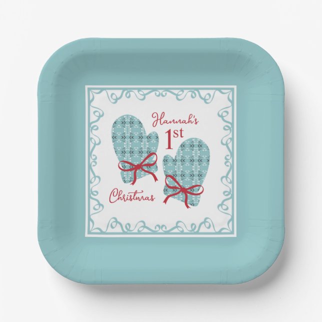 1. Weihnachts-Handschuhe Roter Bogen Feiertag Pappteller (Vorderseite)