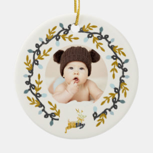 1. Weihnachts-Hirsch mit Kranz Beige Keramik Ornament
