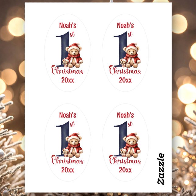 1. Weihnachts Niedlich Teddy Bear Baby Boy Ovaler Aufkleber (1st Christmas Cute Teddy Bear Baby Boy Oval Sticker)