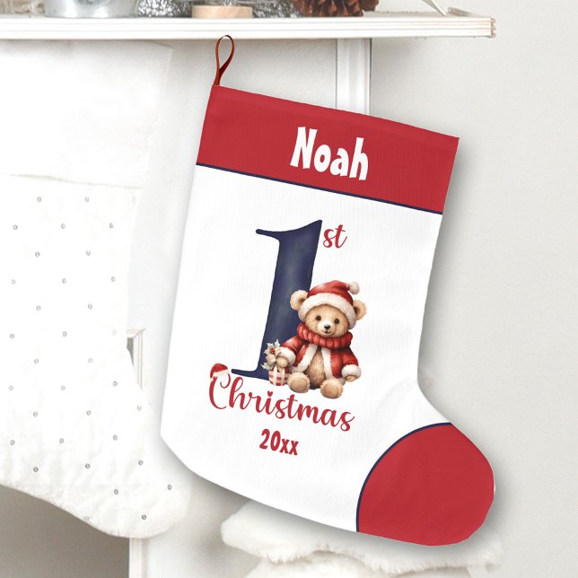 1. Weihnachts-Teddy Bear Baby Boy Navy Roter Name Großer Weihnachtsstrumpf (1st Christmas Teddy Bear Baby Boy Navy Red Name Large Christmas Stocking)