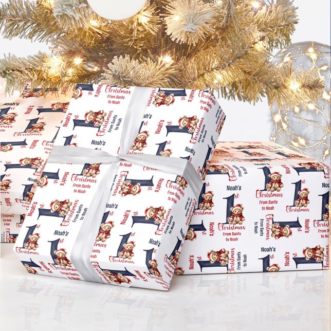 1. Weihnachtsbär Name Baby Boy Red Blue Geschenkpapier (1st Christmas Teddy Bear Name Baby Boy Red Blue Wrapping Paper)