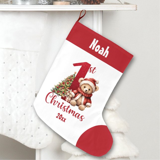 1. Weihnachtsbärenjunge Roter Name Großer Weihnachtsstrumpf (1st Christmas Teddy Bear Baby Boy Red Name Large Christmas Stocking)