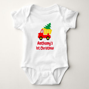 1. Weihnachtsbaum auf rotem LKW-Bodysuit Baby Strampler