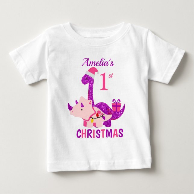 1. Weihnachtsdinosaurier Lila Glitzer Baby T-shirt (Vorderseite)