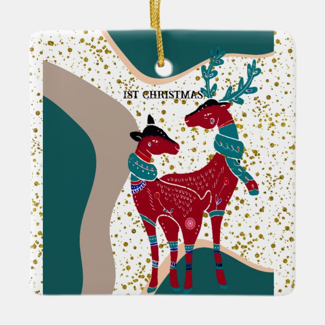 1. Weihnachtsfest Hirsch Couple Bear Gold Hail Boh Keramikornament (Vorderseite)