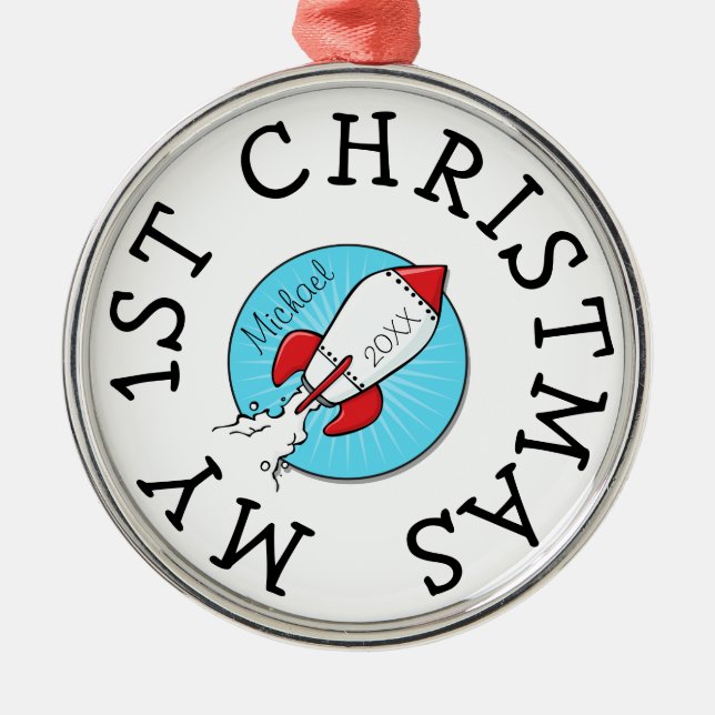 1. Weihnachtskids Retro Rocketship Familiengeschen Ornament Aus Metall (Vorne)