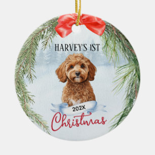 1. Weihnachtskranz Cavapoo Cavadoodle Keramik Ornament