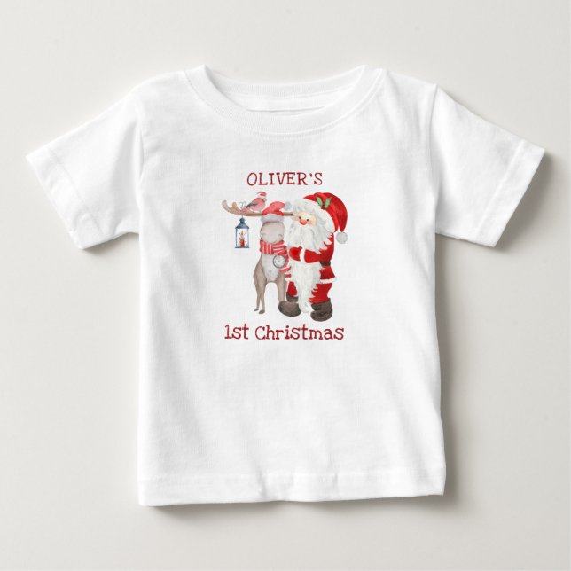 1. Weihnachtsmann und Rentier Personalisiert Baby T-shirt (Vorderseite)