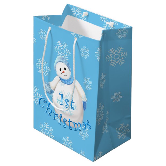 1. WeihnachtsSchneemann und -schneeflocken Mittlere Geschenktüte (Vorderseite Schrägansicht)