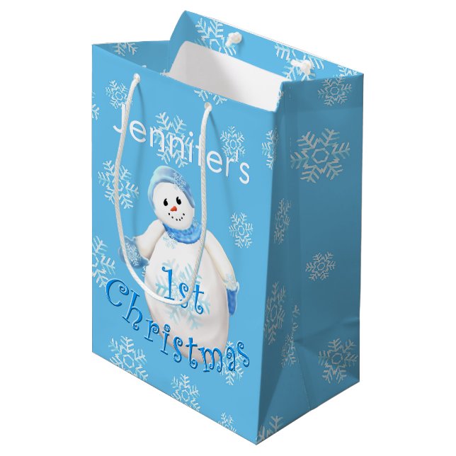 1. Weihnachtssnowman-individueller Name Mittlere Geschenktüte (Vorderseite Schrägansicht)