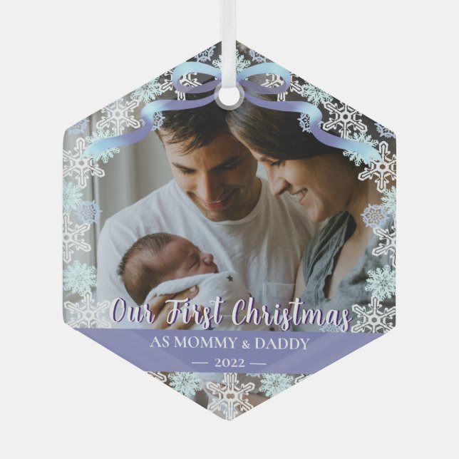 1. Xmas Neugeborene Eltern Soft Blue Tone Custom Ornament Aus Glas (Vorderseite)