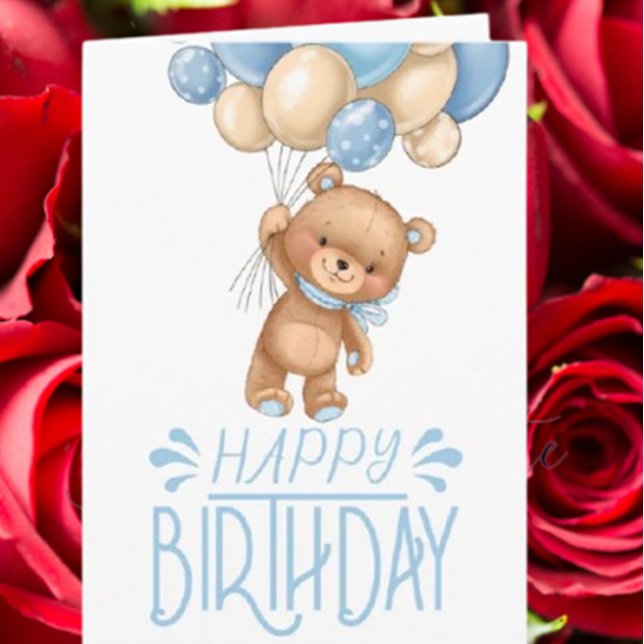 1er anniversaire bleu ballon en peluche carte garç (Celebrate a boy’s  birthday with this adorable blue balloons and teddy card. )