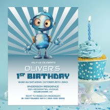 1er Anniversaire Blue Robot Theme Party Invitation