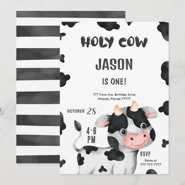 1er anniversaire Boy Cow Anniversaire Invitation (Devant / Derrière)