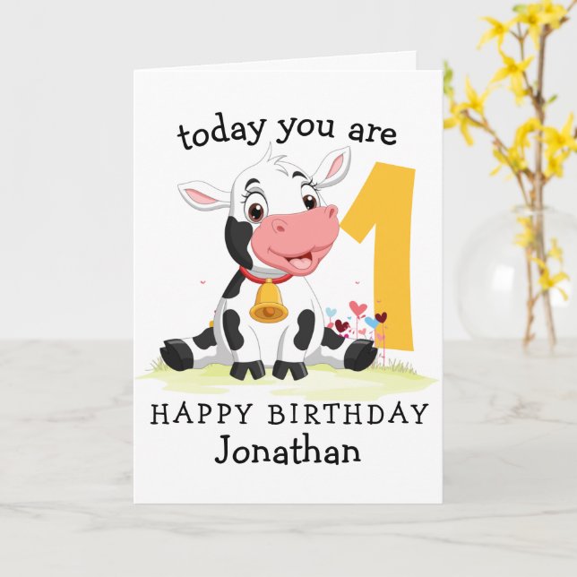 1er anniversaire Boy Cow carte ferme (Fleur jaune)