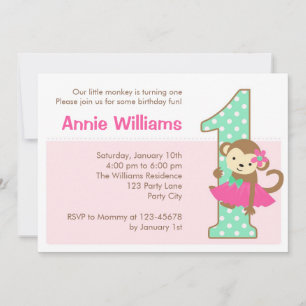 1er anniversaire de singe Invitation pour filles a