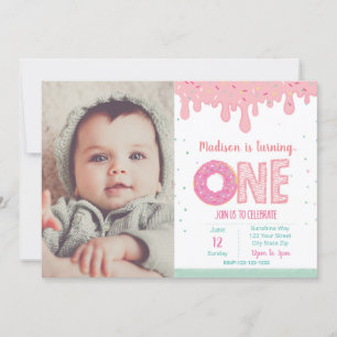 1er anniversaire Donut rose Invitation avec photo