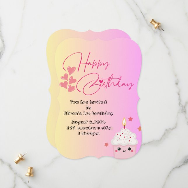 1er anniversaire filles invitation en rose (Devant/Arrière en situation)